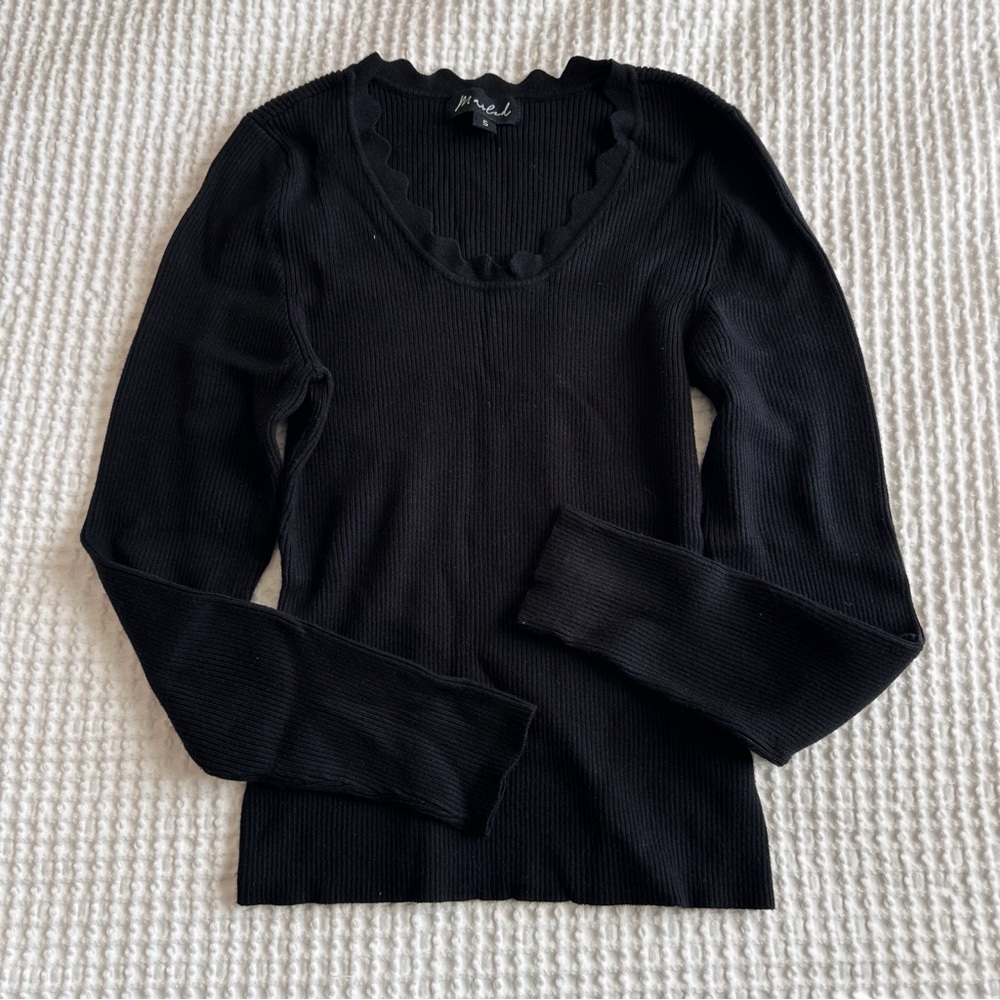 Marled Black Ribbed Long Sleeve Top